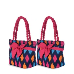 Kuber Industries Set of 2 Blue Geometric Printed Shopper Shoulder Bags with Bow Detail-0