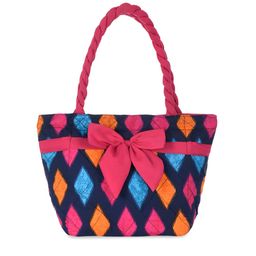 Kuber Industries Blue Geometric Printed Shopper Shoulder Bag with Bow Detail-18