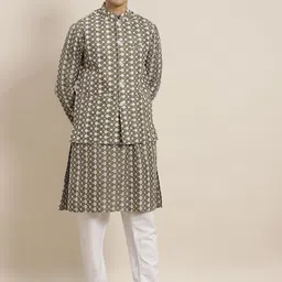SOJANYA Men Olive Green & White Ethnic Motifs Embroidered Kurta with Churidar & Jacket-picture-38