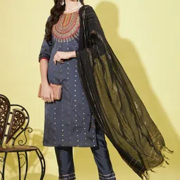 VredeVogel Women Ethnic Motifs Embroidered Regular Sequinned Kurta with Trousers & With Dupatta-8