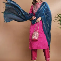 VredeVogel Women Floral Embroidered Regular Thread Work Kurta with Trousers & With Dupatta-picture-24