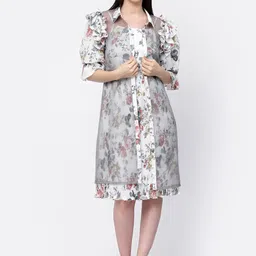 LELA Women Floral Printed Longline Organza Open Front Shrug-47