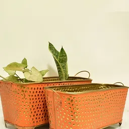 Homspurts 2Pcs Orange-Colored Textured Metal Planters-picture-11