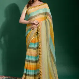 Anouk Blue & Orange Striped Mirror Work Pure Chiffon Saree-picture-22
