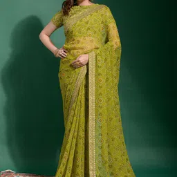 Anouk Green & Orange Ethnic Motifs Printed Sequined Pure Georgette Ikat Saree-30