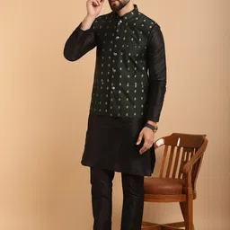SOJANYA Men Green & White Ethnic Motifs Jacquard Kurta & Churidar with Nehru Jacket-3