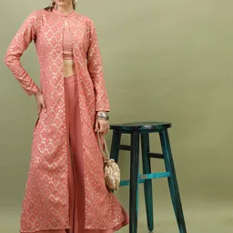 Vishudh Women Peach & Gold Printed Crop Top with Palazzos And Jacket-image-60
