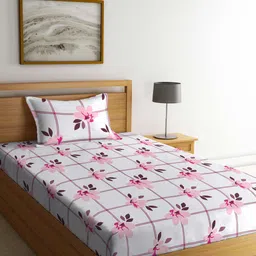 KLOTTHE Pink & White Floral Printed 300 TC Single Bedsheet With 1 Pillow Cover-picture-38