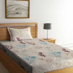 KLOTTHE Beige & Blue Floral 300 TC Single Bedsheet With Pillow Cover-picture-49