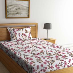 KLOTTHE Pink & Green Floral Printed 300 TC Single Bedsheet With Pillow Cover-image-48