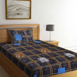 FABINALIV Black & Blue Geometric 300 TC Single Bedsheet with 1 Pillow Cover-67