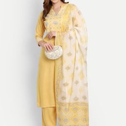 githaan Women Yellow Ethnic Motifs Embroidered Kurta with Trousers & With Dupatta-picture-16