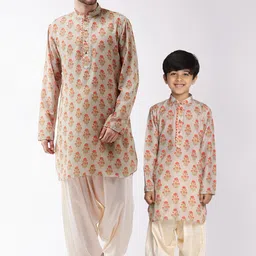 VASTRAMAY Boys Beige & Cream-Coloured Ethnic Motifs Printed Kurta with Salwar-5