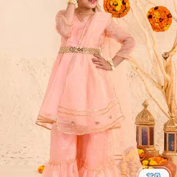 pspeaches Girls Floral Printed Regular Gotta Patti Kurta with Sharara & Dupatta-picture-14