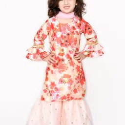 SAKA DESIGNS Girls Pink Floral Printed Empire Sequinned Kurta with Sharara & Dupatta-image-73