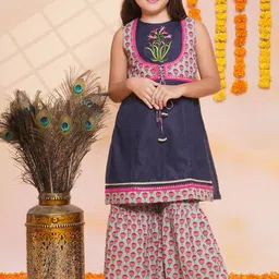 Bitiya by Bhama Girls Floral Embroidered Thread Work Pure Cotton Kurta With Sharara-picture-37