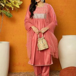 AHIKA Ethnic Motifs Yoke Design Regular Sequinned Straight Kurta With Trousers & Dupatta image 3