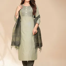 Anouk Pista Green Ethnic Motifs Yoke Design Sequinned Kurta with Trousers & Dupatta-10