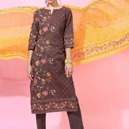 Vishudh Women Brown Floral Printed Pure Cotton Kurta with Trousers & With Dupatta-image-32