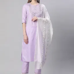 Sringam Women Lavender Yoke Design Pure Cotton Kurta with Trousers & With Dupatta-image-13