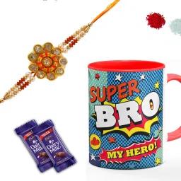 Super star my hero bro printed mug with rakhi and chocolate dairy milk 2pc 10 rs each Assorted Gift Box-image-51