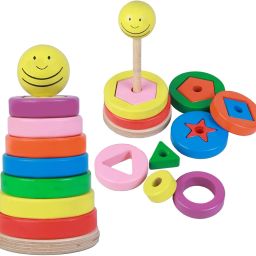 Wooden Rainbow Rings Tower Geometric Shape Toy with Activity Flashcards 15Pieces-image-0