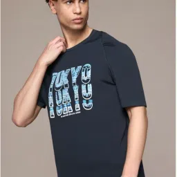Men Printed Round Neck Cotton Blend Navy Blue T-Shirt-image-2
