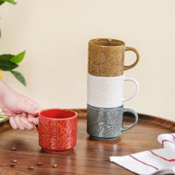 Pack of 4 Ceramic Sienna Leaf Embossed Ceramic Tea Cup Set Of 4 250ml-79