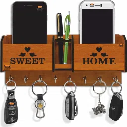 Beautiful Designer Sweet Home Wooden 2 Pocket Mobile and Pen holder 8 Hooks Wood Key Holder-image-79
