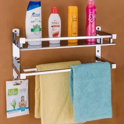Antique Stainless Steel Double Layer Shelf withTowel Rod Stainless Steel Wall Shelf Stainless Steel Wall Shelf (Number of Shelves - 1)ding Towel Stand/Hanger/Bathroom Accessories (Brass Finish) Stainless Steel Wall Shelf (Number of Shelves - 1, Steel) SILVER Towel Holder-image-95
