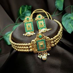 StileAdda Gold-Plated Green Stone-Studded & Beaded Jewellery Set-image-45