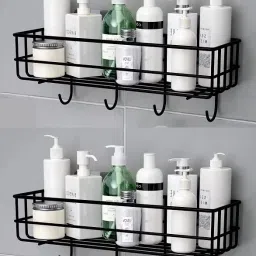 Multipurpose Wall Mounted Bathroom Storage Organizer Shelf Rack with Hooks Iron Wall Shelf-15