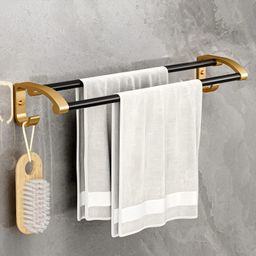 plantex Space Aluminium Self Adhesive Towel Holder/Hanger/Rod/Stand with Side Hooks for Bathroom & Kitchen - Bathroom/Kitchen Accessories (24 Inch) Gold & Black Towel Holder-picture-0