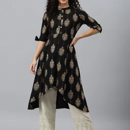 V TRADITION Women Black & Golden Ethnic Motifs Printed Kurta-image-40