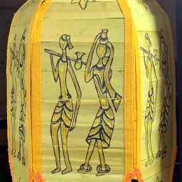 Hanging Foldable Palm Leaf Décor/Lantern from Pipli Odisha, Theme Tribal Couple Yellow Cloth, Wooden Hanging Lantern-22
