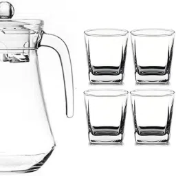 S1Store (Pack Of 7)Glass Water Jug with Lid Highball Glasses Glass Pitcher with lid iced Tea Pitcher Water jug hot Cold Water ice Tea Wine Coffee Milk and Juice Carafe jug (1.3 Litter Water jug -1pcs with 280ML Glass -6pcs) Jug Glass Set-8