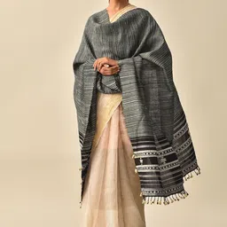 JAYPORE Striped Woven Design Wool Tasselled Shawl-image-18