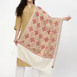 Anekaant Women White & Red Ethnic Motif Embroidered Wool Shawl-28