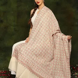 Exotic India Off White Pure Woolen Detailed Floral Threadwork Shawl-picture-48