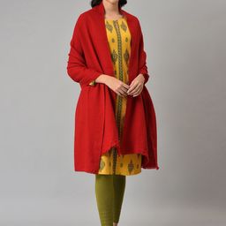 W Women Red Self Design Knitted Shawl-8