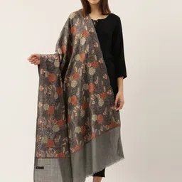 Pashmoda Women Grey & Peach-Coloured Embroidered Woolen Shawl-4