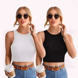 Pack of 2 Casual Sleeveless Solid Women Black, White Top-image-52