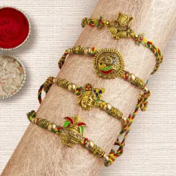Designer D1153 Gold Finish Rakhi, Chawal Roli PackSet-15
