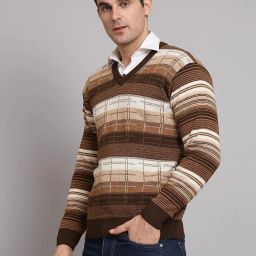 Men Striped V Neck Brown Sweater-image-27