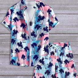 Men Night Suit Set Pink Printed-image-1