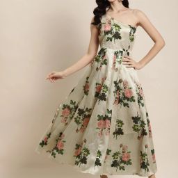 Women Fit and Flare Beige Ankle Length Dress-image-2