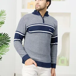 kvetoo Men Woven High Neck Dark Blue Sweater-picture-12