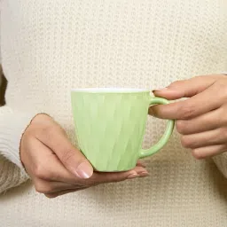 larah by borosil 6pc 200ml Tea/Coffee Curl Soft Green Set, Microwave & Dishwasher Safe Opalware Coffee Mug image 3