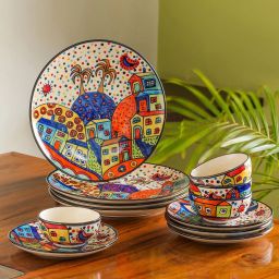 Pack of 12 Ceramic Handpainted Ceramic Serving Dinner Plates Set with Katoris Bowl Set of 12 Dinner Set-image-80