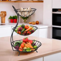 Metal 3-Layer Aalu Pyaj/onion Storage Basket & Circular Side Stand | Black Steel Fruit & Vegetable Basket-image-34